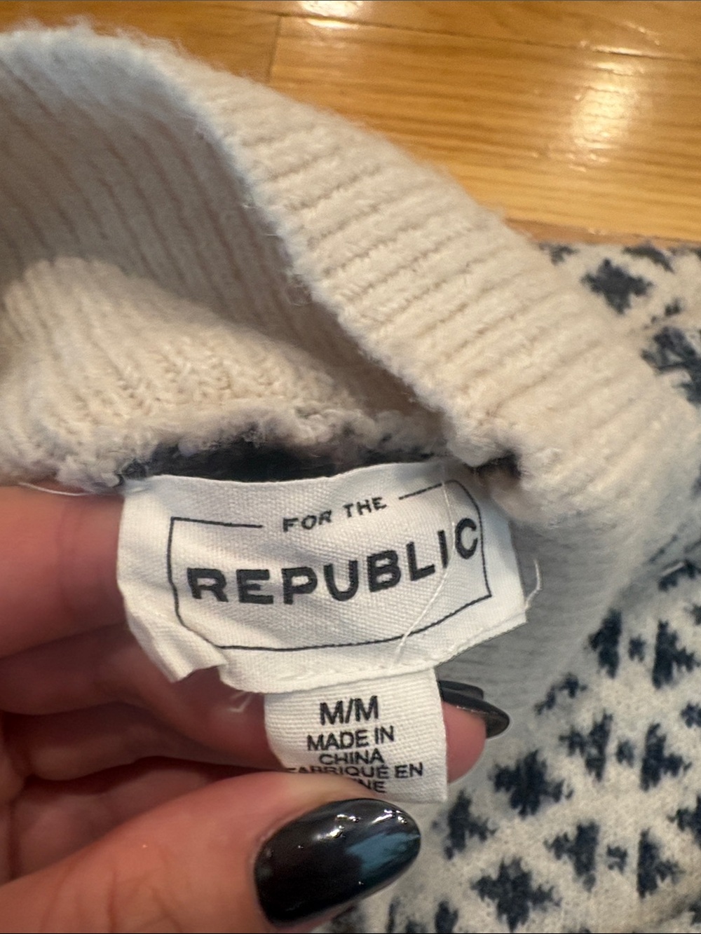 For The Republic Women's White and Navy Turtleneck Patterned Sweater - Picture 3 of 3